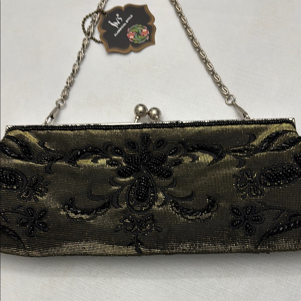 IN’S Black Beaded and Gold Clutch / Evening Bag New with Tag